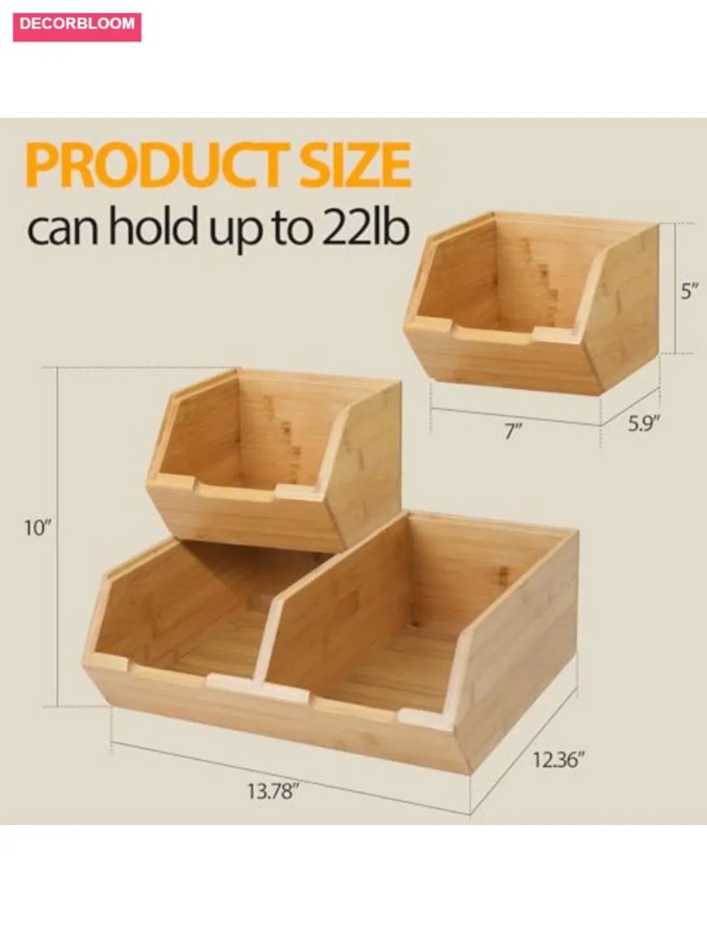 Bamboo Stackable Pantry Storage Bins Set of 3 Produce Organizer